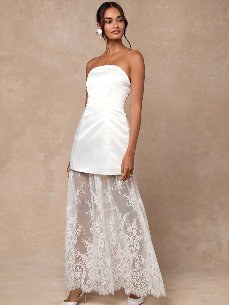 Winslet White Satin Sheer Hem Strapless Maxi Dress